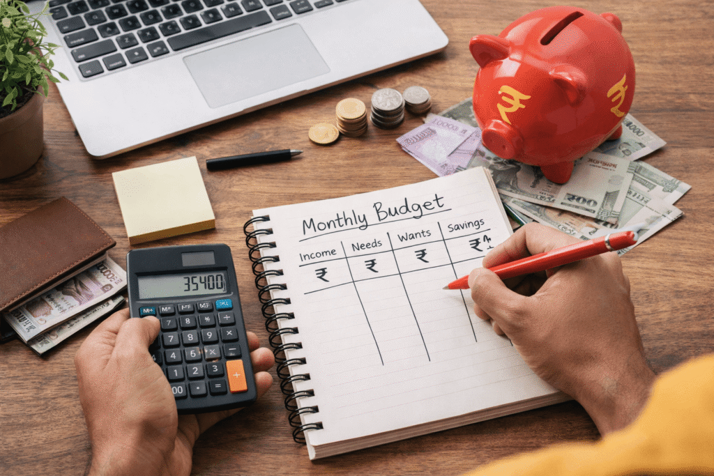 Monthly budget planning in India showing income, needs, wants and savings calculation