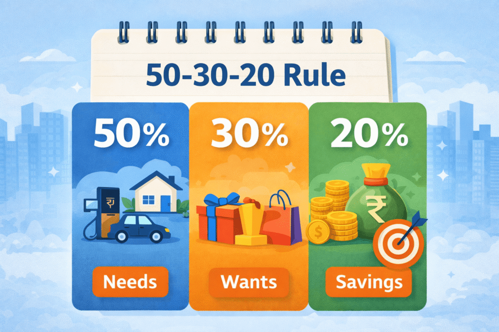 50 30 20 budget rule showing needs wants and savings for smart monthly budgeting