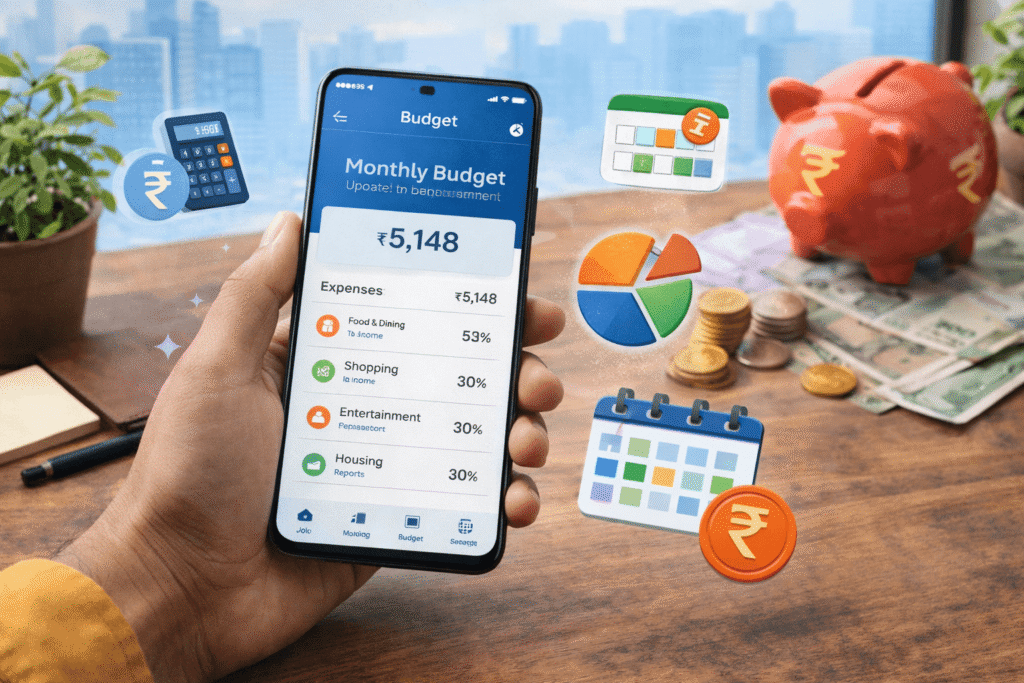 Monthly budget management using mobile app showing expenses savings and income planning