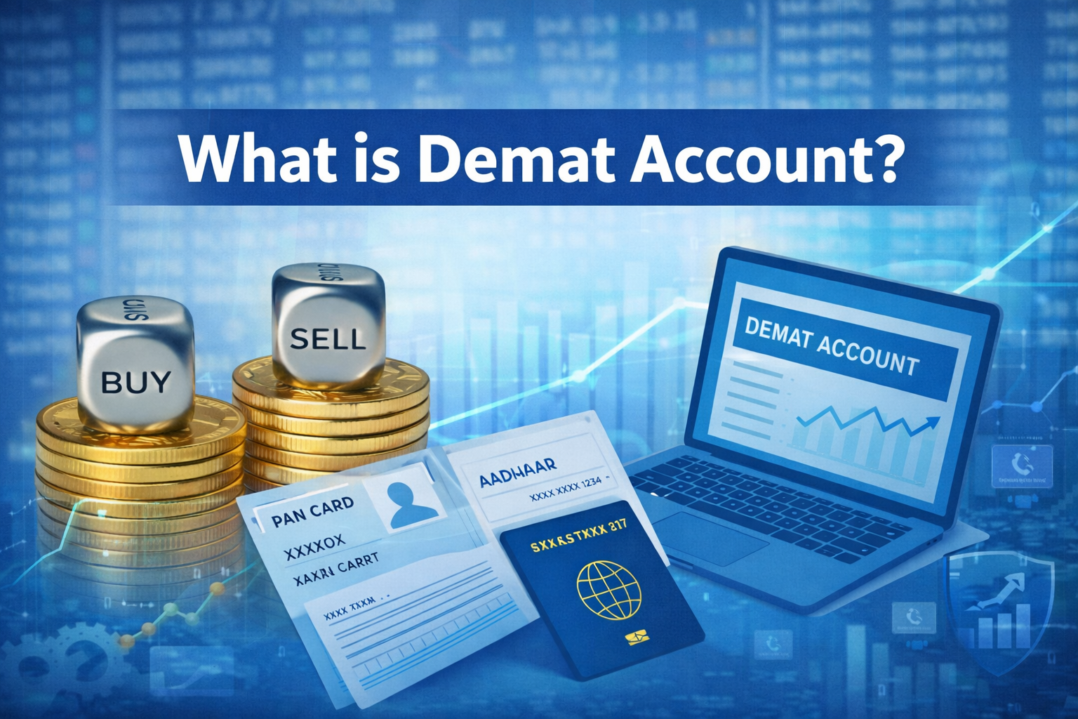What is Demat Account feature image showing buy and sell trading, PAN Aadhaar KYC documents and digital stock investing