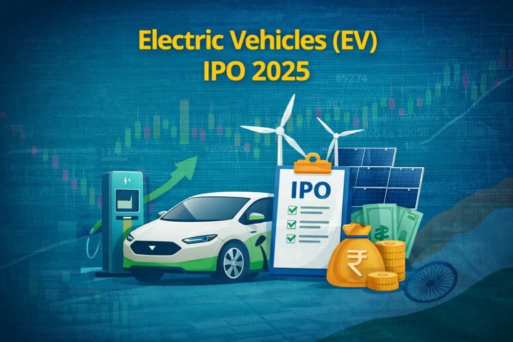 Electric vehicles IPO 2025 in India showing EV car, charging station, renewable energy and IPO investment growth concept
