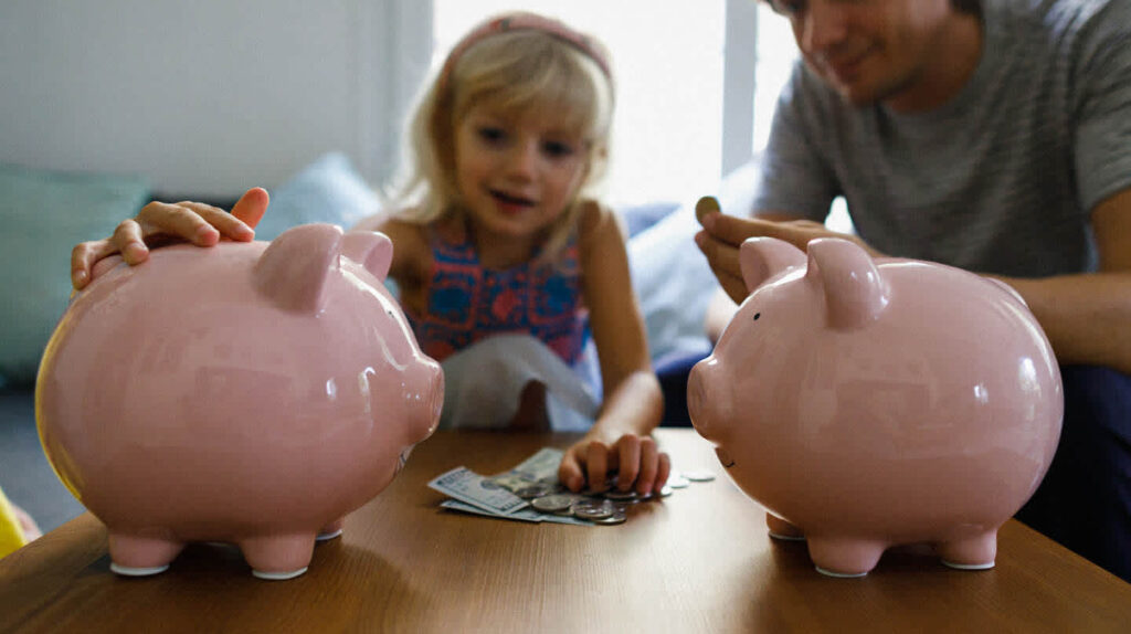 Emergency fund for women showing family saving money in piggy banks for financial security