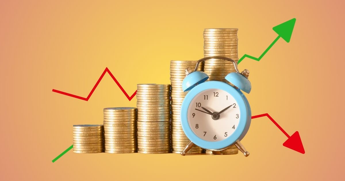 Investment growth and market volatility illustrated with stacked coins, clock, and upward downward arrows