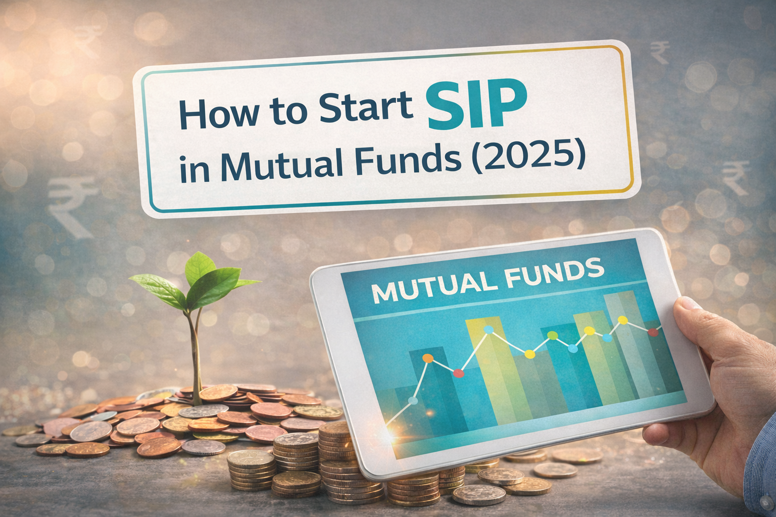 How to start SIP in mutual funds 2025 showing investment growth with coins, plant and mutual fund chart
