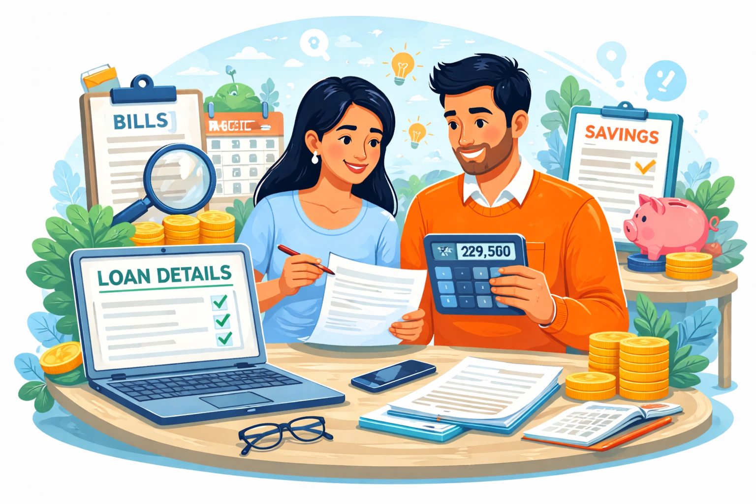 Home loan planning in 2025 showing couple calculating EMI, checking loan details, savings and interest costs