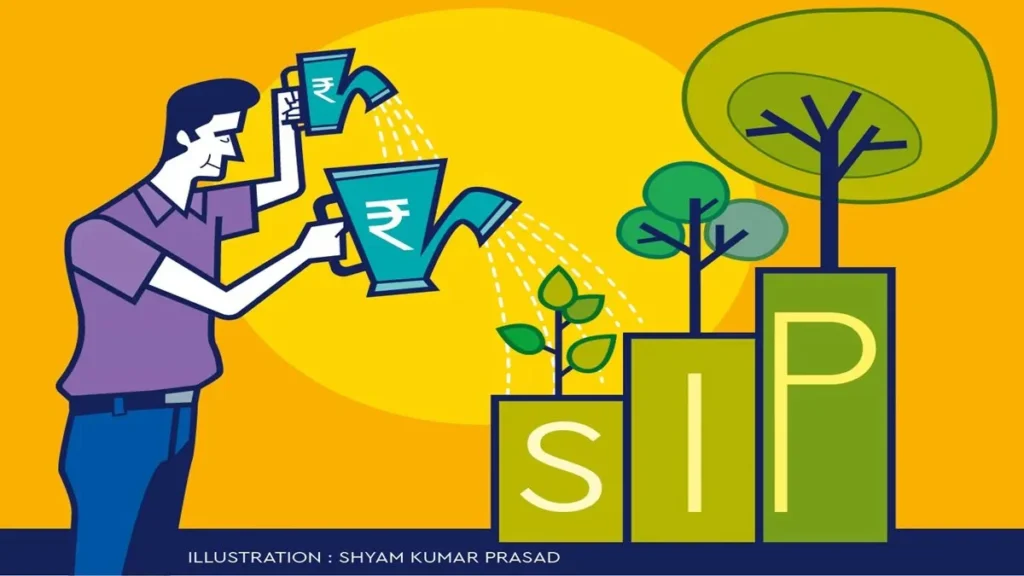 SIP investment illustration showing a person watering plants with money, symbolizing systematic investment plan and long-term wealth growth
