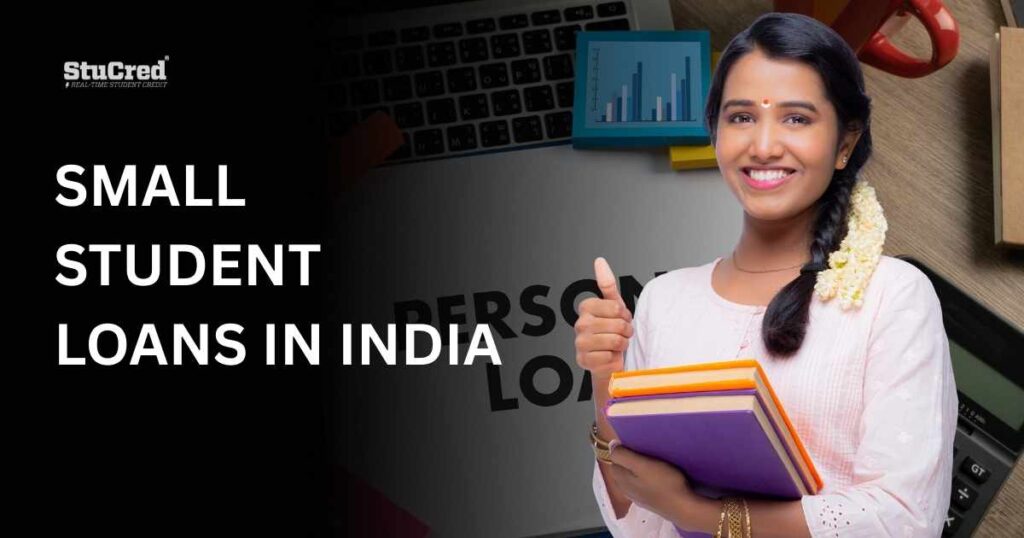 Small student loans in India concept showing Indian student holding books and education loan awareness