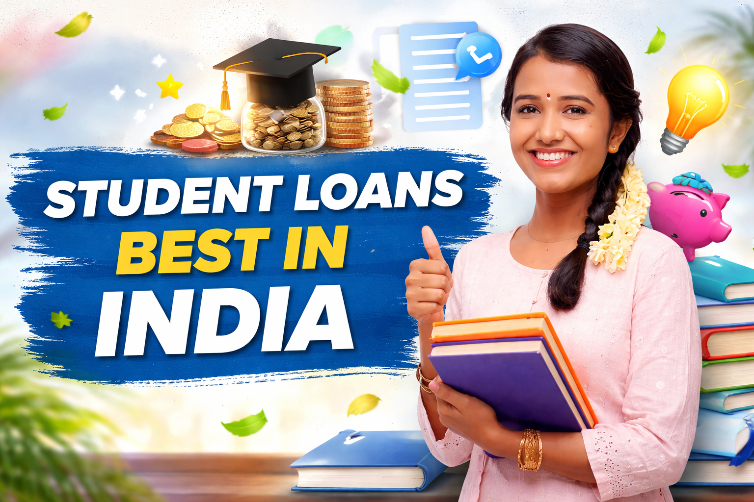 Student loans best in India showing happy Indian student with books and education loan concept