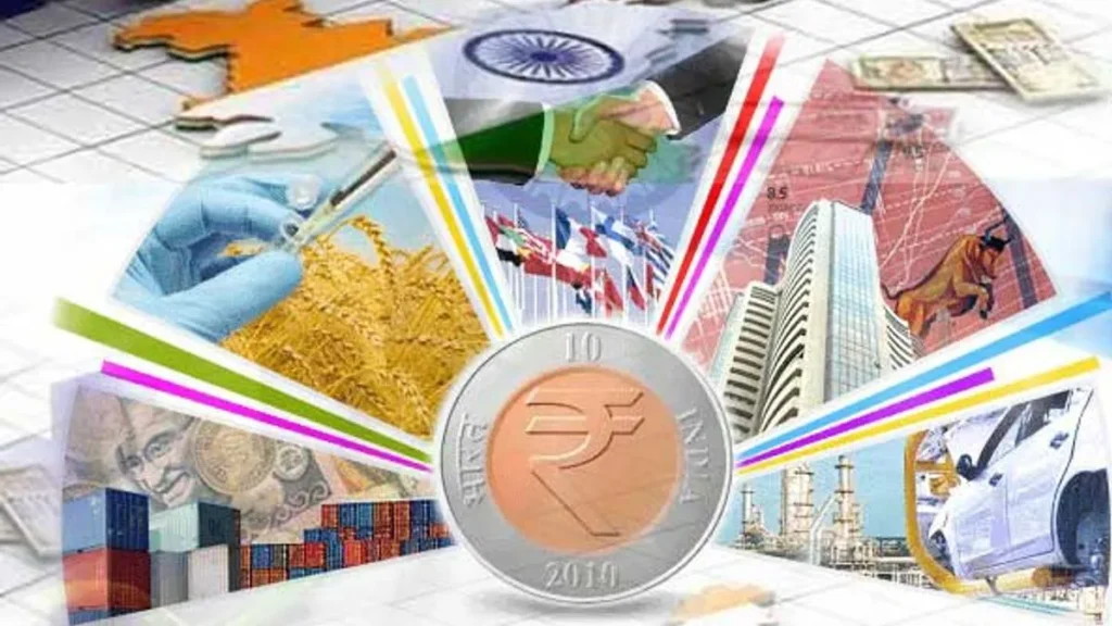 Economy growth illustration with indian currency industries and market activities