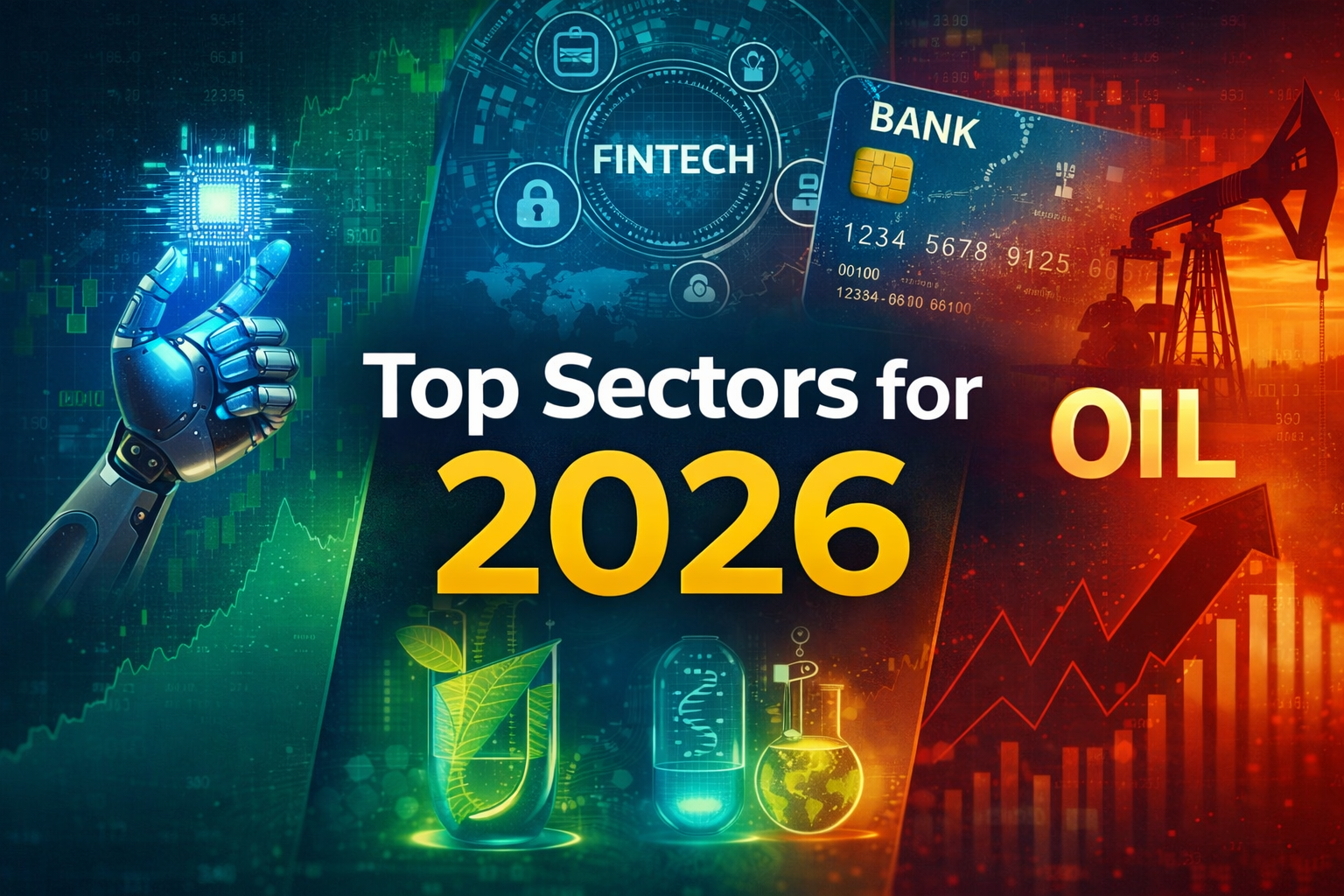 Top sectors for 2026 showing fintech, banking, oil, healthcare and technology growth with stock market charts