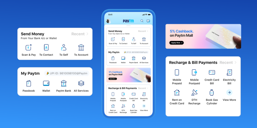 Paytm app interface showing UPI payments, mobile recharge, bill payments and cashback offers in India