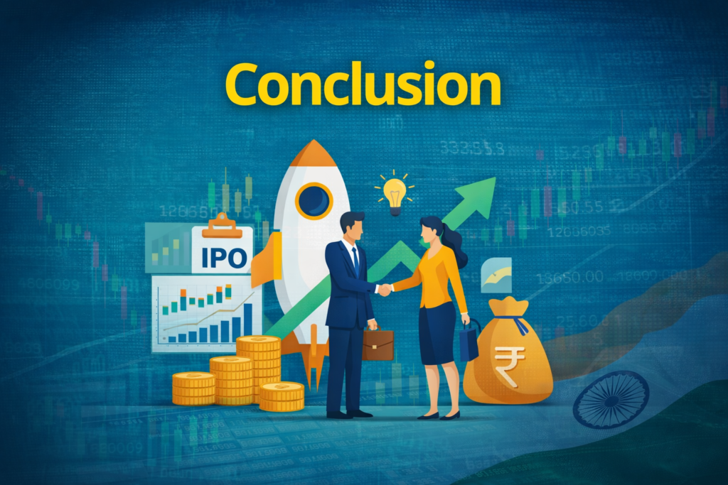 IPO investment conclusion showing business handshake, growth chart, rocket launch and profit concept in Indian stock market
