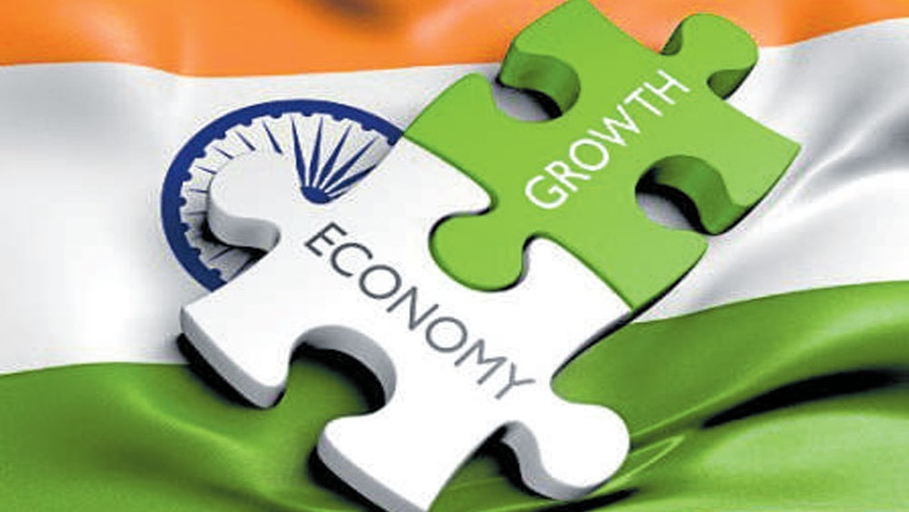 Global economy and India growth concept showing economy and growth puzzle with Indian flag