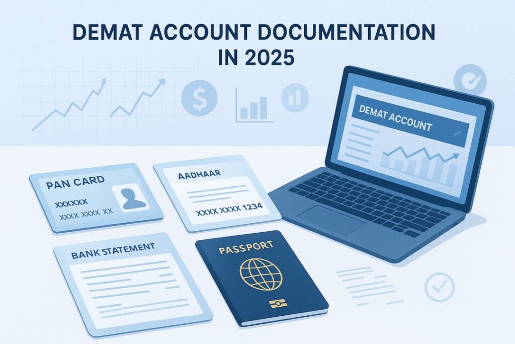 Demat account documentation in 2025 showing PAN card, Aadhaar, bank statement and KYC process