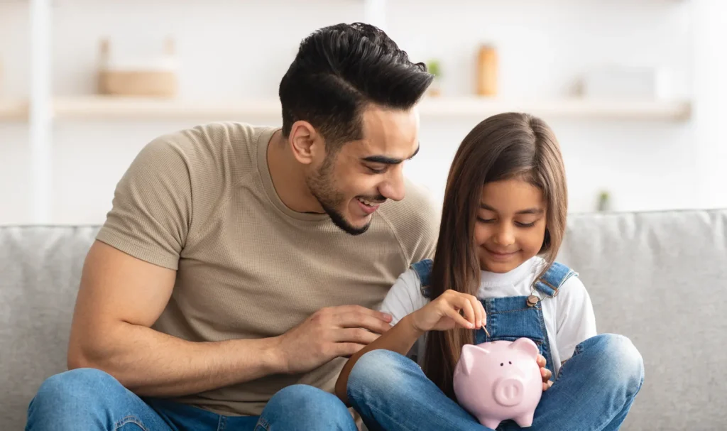 Emergency savings versus borrowing from friends and family showing parent and child saving money