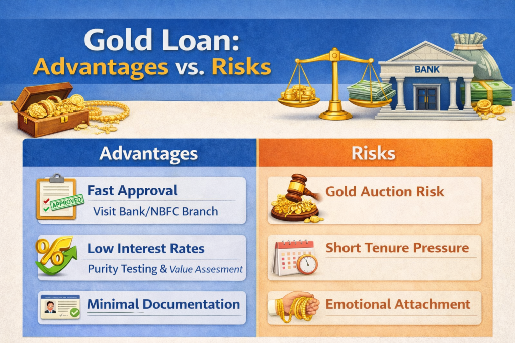 Gold loan advantages vs risks showing fast approval, low interest rate and gold auction risk