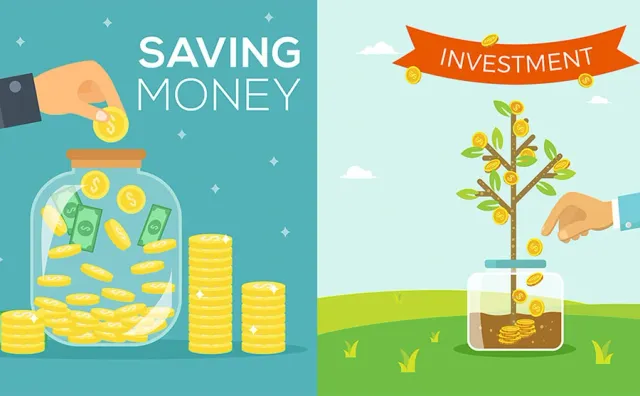 Saving vs investment comparison showing money saving jar and investment growth plant