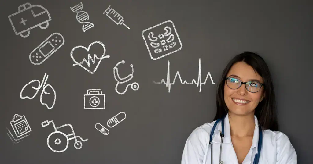 Healthcare and education sector growth in India showing doctor and medical icons