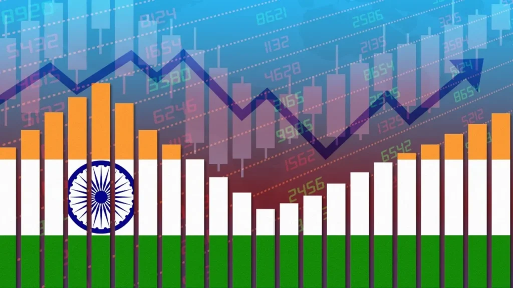 Indian economy growth graph showing rising bar chart and stock market trend with Indian flag background.