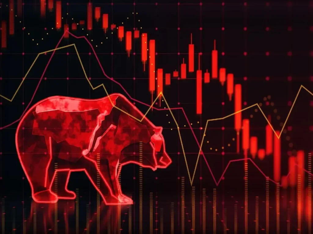 Bear market trend with falling stock prices and red candlestick chart indicating market downturn