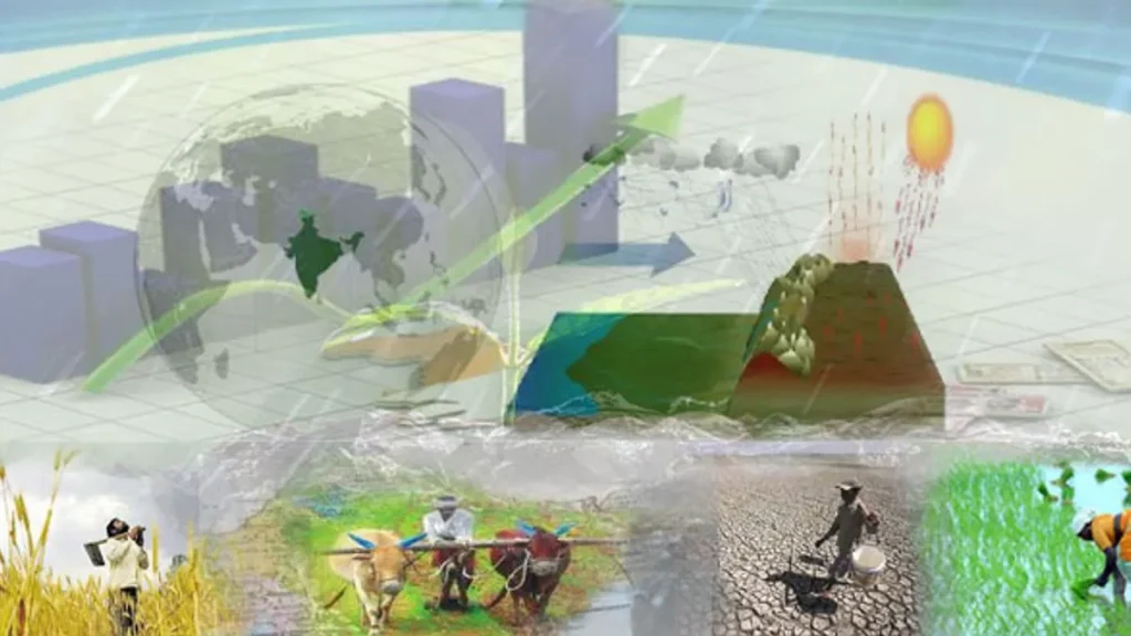 Indian economy concept image showing agriculture, precipitation, farming, and economic growth indicators