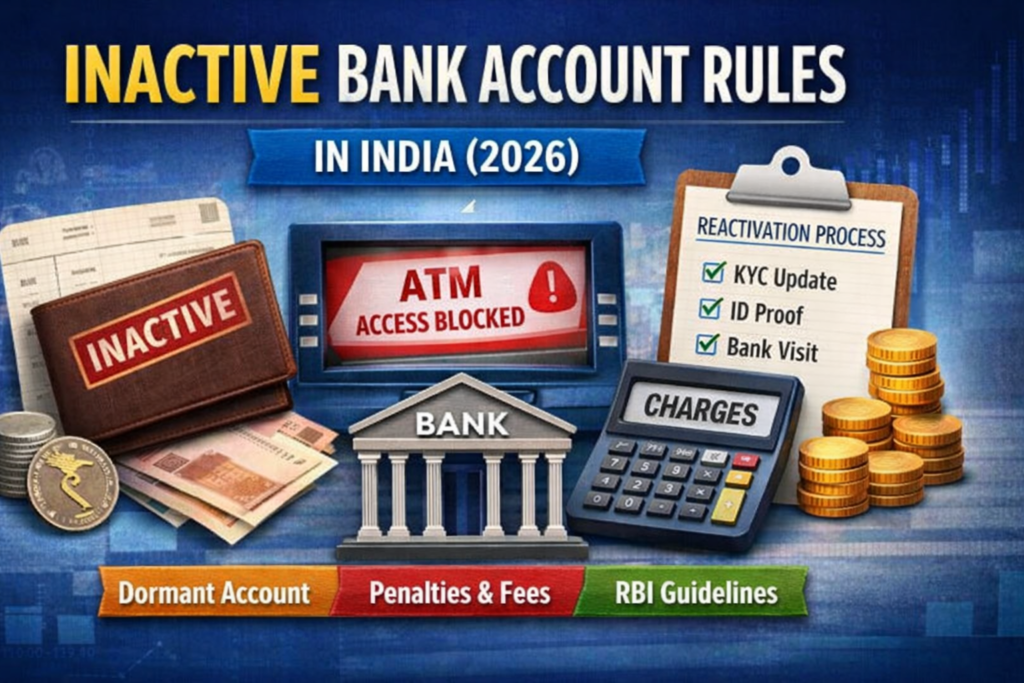 Inactive bank account rules in India 2026 showing ATM blocked, charges and reactivation process