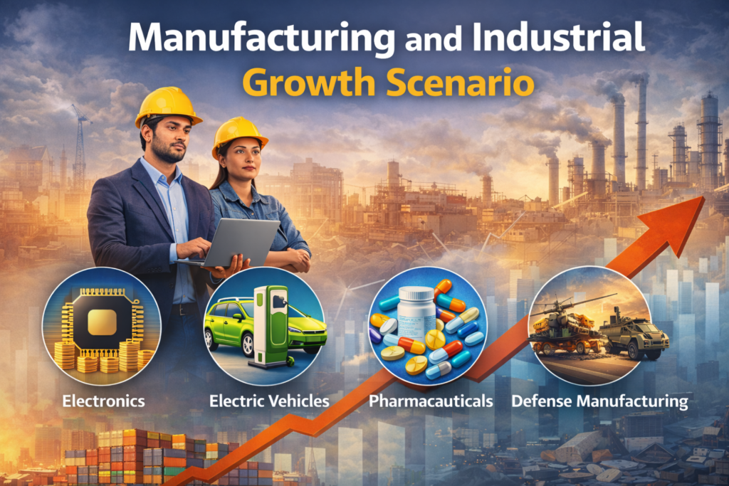 Manufacturing and industrial growth scenario showing factories, rising industrial output, and key sectors like electronics, electric vehicles, pharmaceuticals, and defense manufacturing