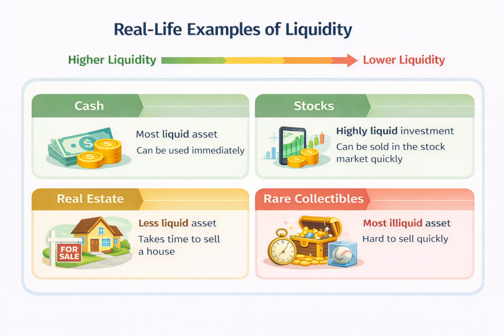 Real-life examples of liquidity showing cash, stocks, real estate and collectibles
