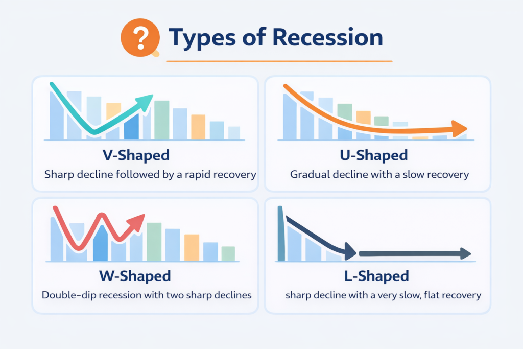 Types of recession infographic showing V shaped U shaped W shaped and L shaped recession
