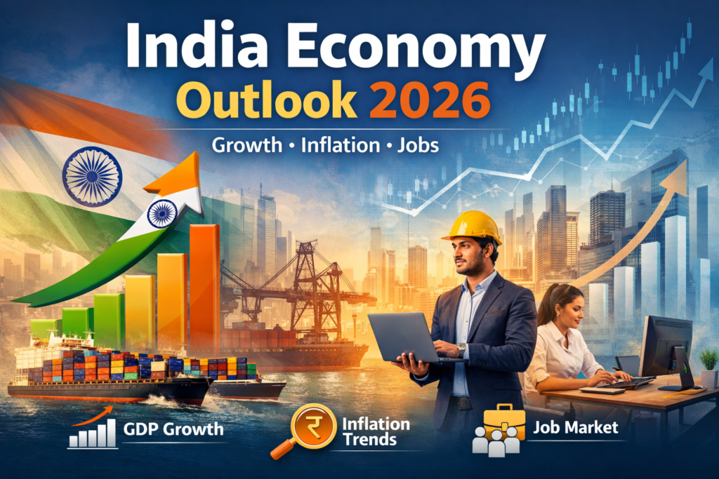 India Economy Outlook 2026 showing GDP growth, inflation trends, and job market analysis with charts, Indian flag, and economic indicators