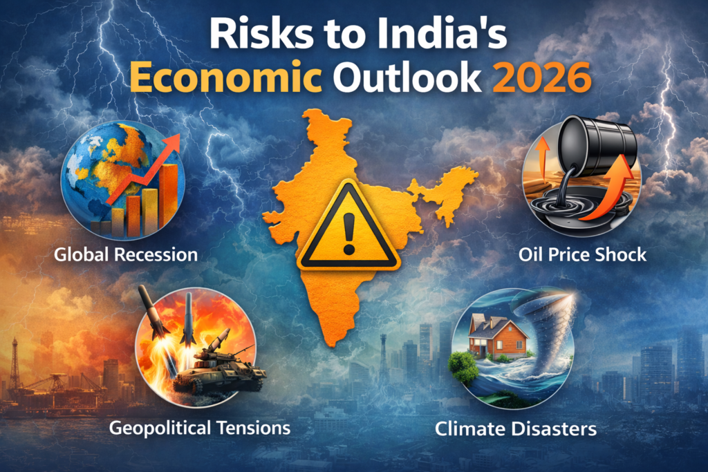 Risks to India’s Economic Outlook 2026 showing global recession, oil price shock, geopolitical tensions, and climate disasters impacting the Indian economy