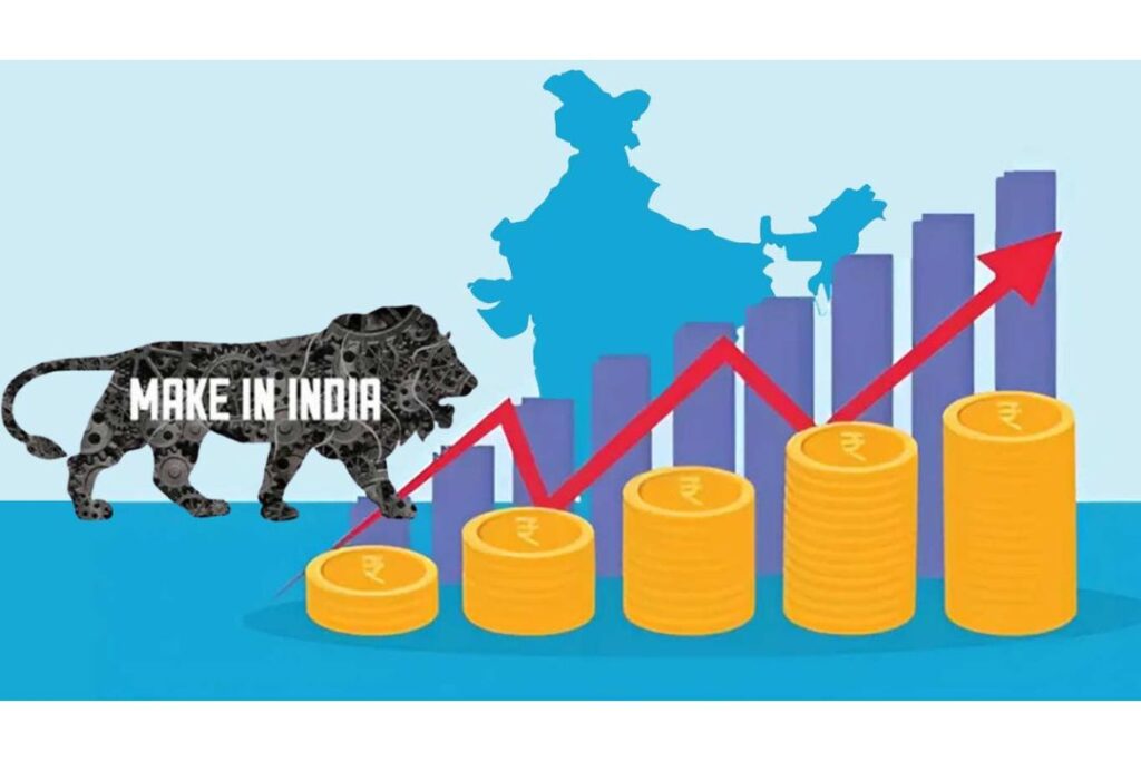 Make in India economic growth chart with rising rupee coins.