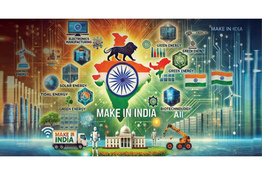 Make in India initiative showcasing renewable energy, electronics manufacturing, biotechnology, AI, and industrial growth in India.
