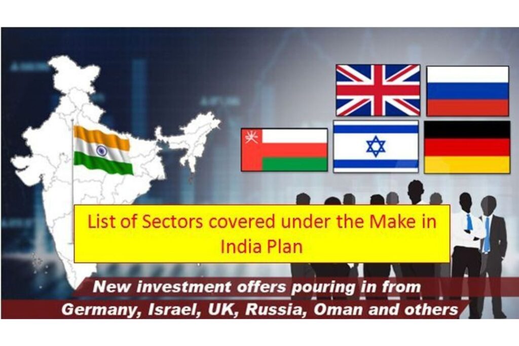 Make in India plan showing sectors covered and foreign investment from Germany, Israel, UK, Russia, Oman, and other countries.