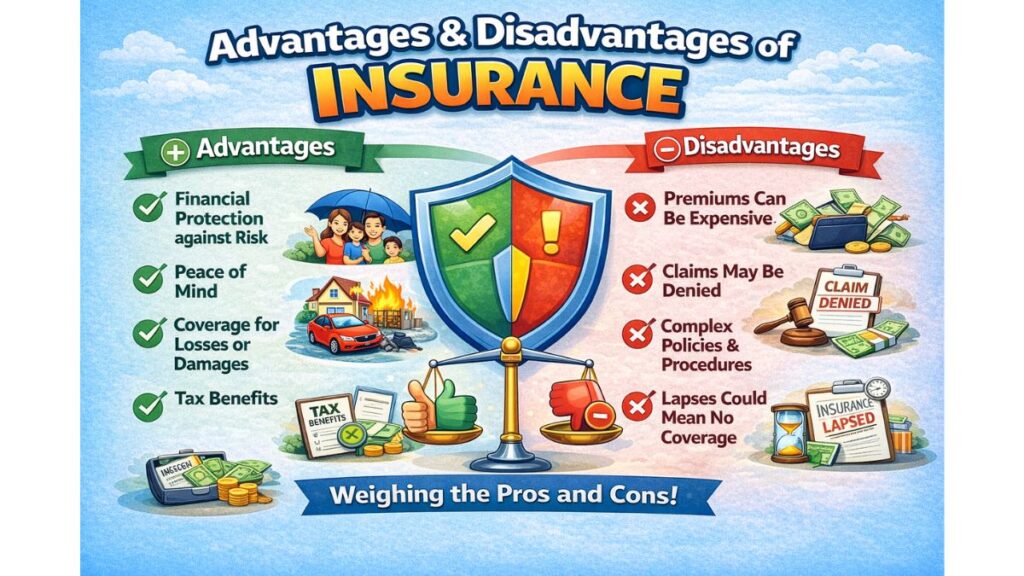 Advantages and disadvantages of insurance infographic.