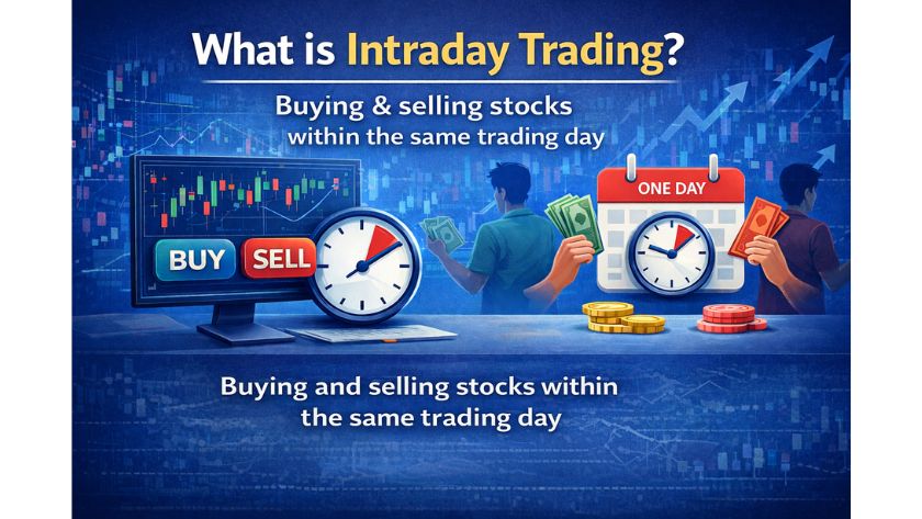 What is Intraday Trading? Buying and selling stocks within the same trading day infographic.