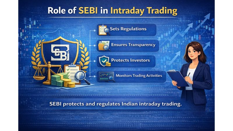 Role of SEBI in intraday trading infographic showing regulations, transparency, investor protection, and market monitoring.