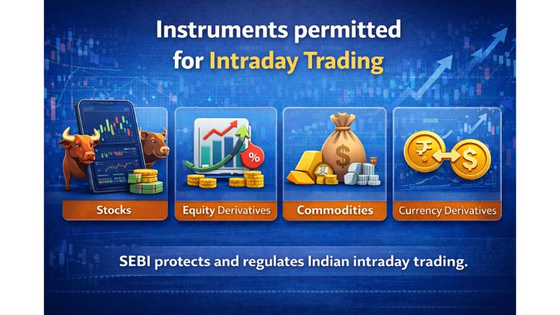 Instruments permitted for intraday trading infographic showing stocks, equity derivatives, commodities, and currency derivatives.