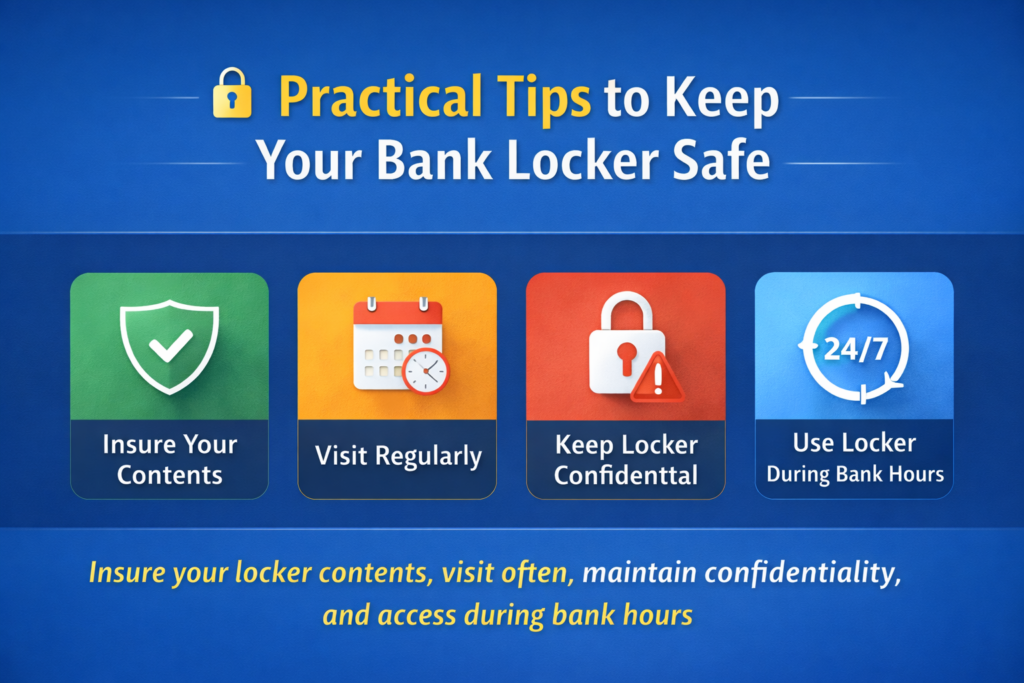 Practical tips to keep your bank locker safe including insuring locker contents, regular visits, confidentiality, and safe access