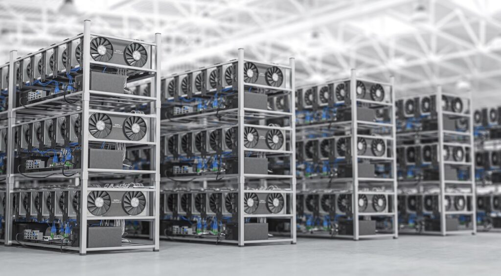 Bitcoin mining farm with high performance GPU mining rigs in a large data center for cryptocurrency mining