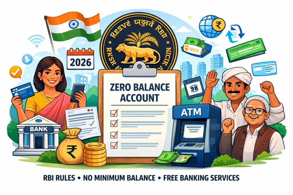 Zero balance account rules in India as per RBI guidelines 2026 with digital banking and ATM services