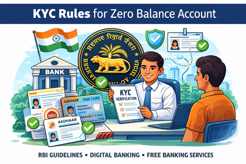 KYC rules for zero balance account in India as per RBI guidelines with Aadhaar and PAN verification