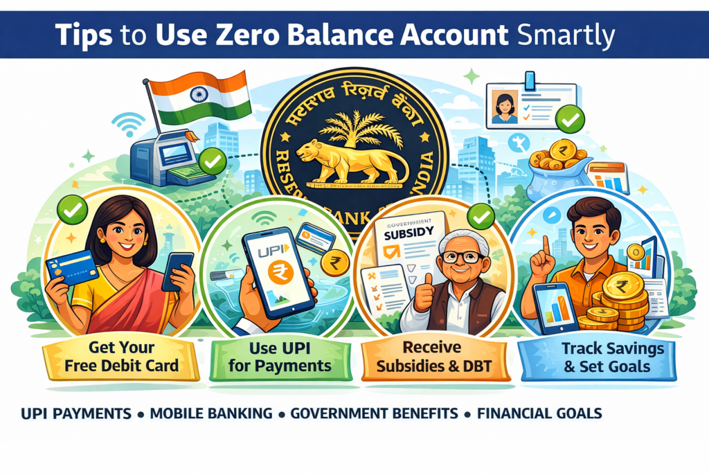 Tips to use zero balance account smartly in India including UPI payments, free debit card and savings tracking