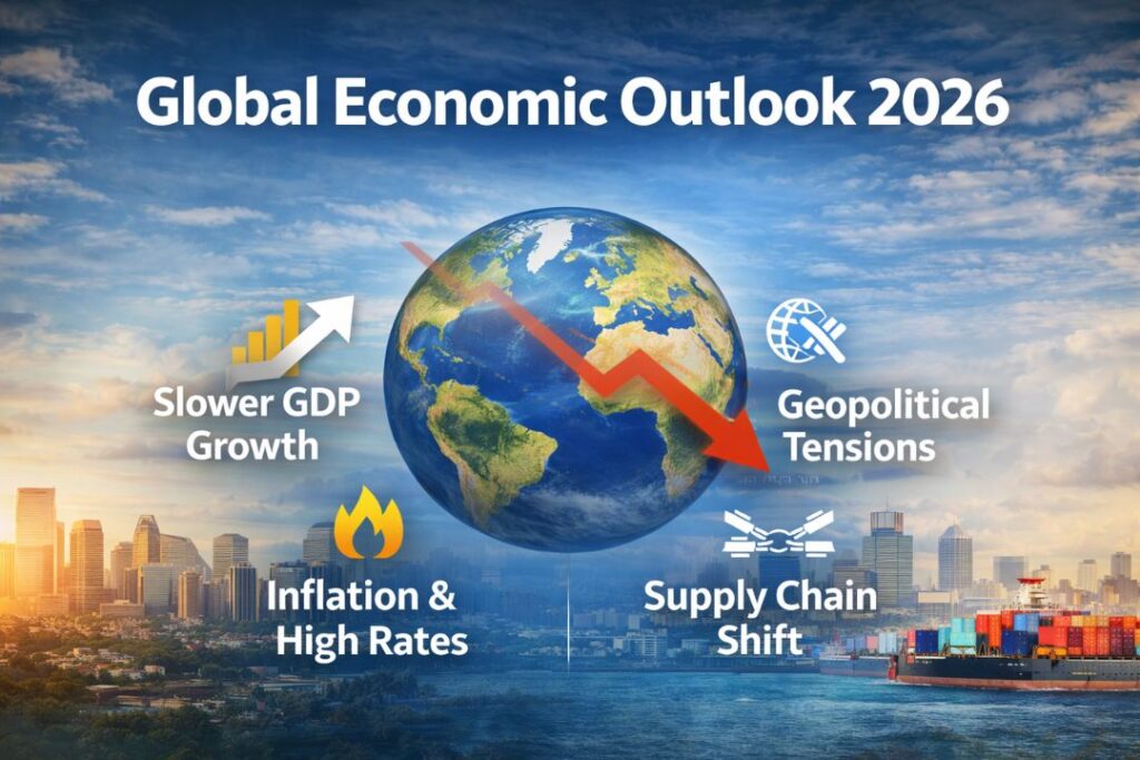 Global Economic Outlook 2026 infographic showing slower GDP growth, inflation and high interest rates, geopolitical tensions, and global supply chain shifts impacting the world economy.