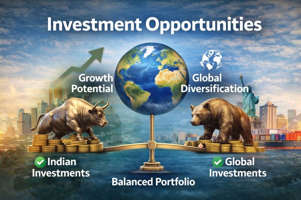 Investment Opportunities infographic showing Indian and global investments, growth potential, global diversification, and balanced portfolio strategy with bull and bear market symbols.