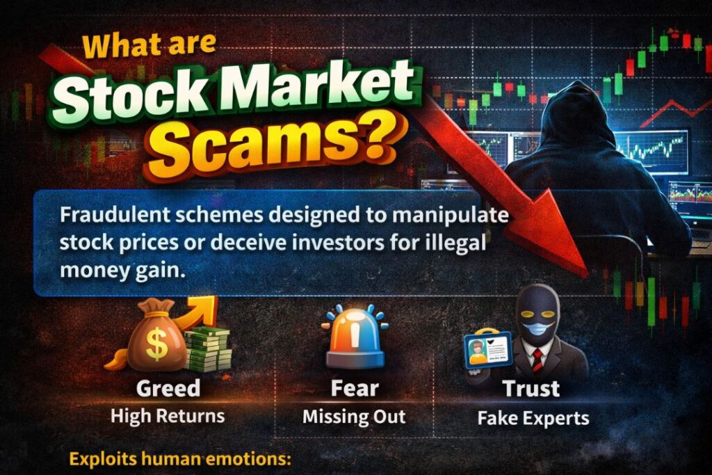 Infographic explaining What are Stock Market Scams with falling market chart, hacker silhouette, fraud definition, and emotional triggers like greed, fear, and trust.