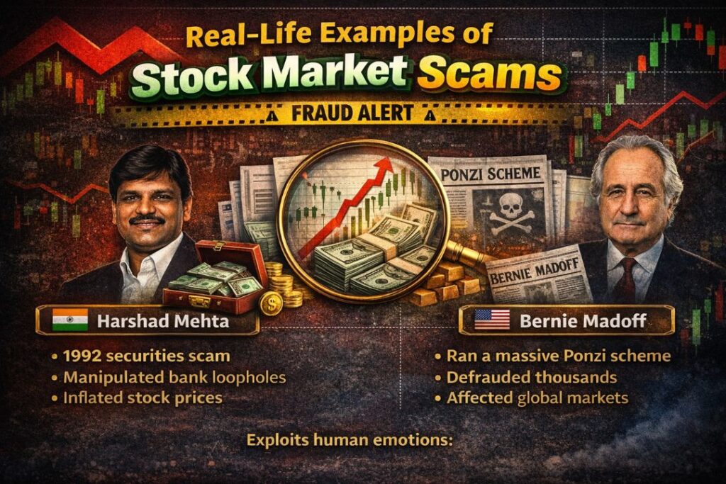 Infographic showing real-life examples of stock market scams featuring Harshad Mehta and Bernie Madoff, with fraud alert theme and stock market charts in the background.