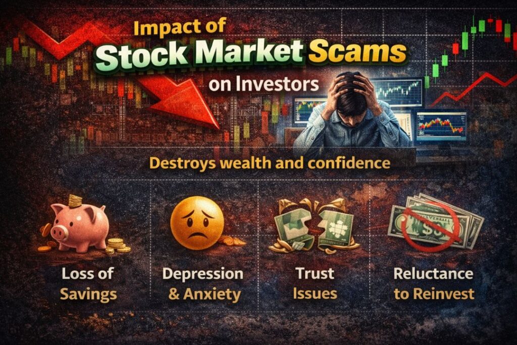 Infographic showing the impact of stock market scams on investors, highlighting loss of savings, depression and anxiety, trust issues, and reluctance to reinvest with falling market charts in the background.