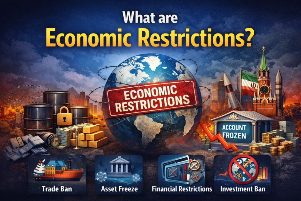 What are Economic Restrictions illustration showing global trade barriers, financial controls, and international market impact