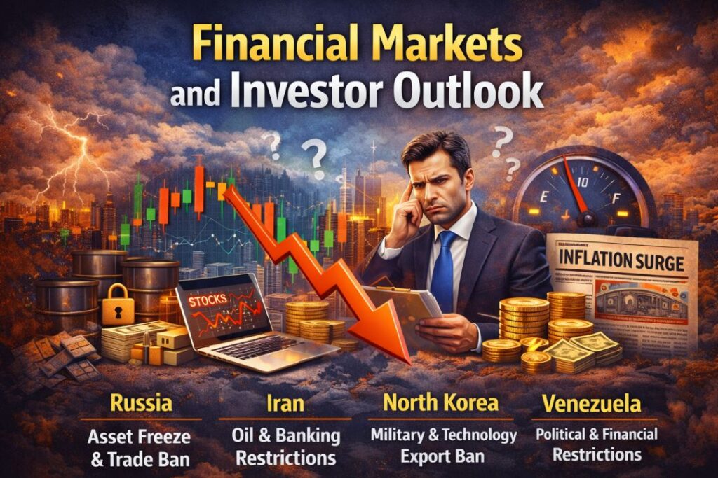 Financial Markets and Investor Outlook illustration showing stock market decline, inflation surge, oil prices, and global economic uncertainty